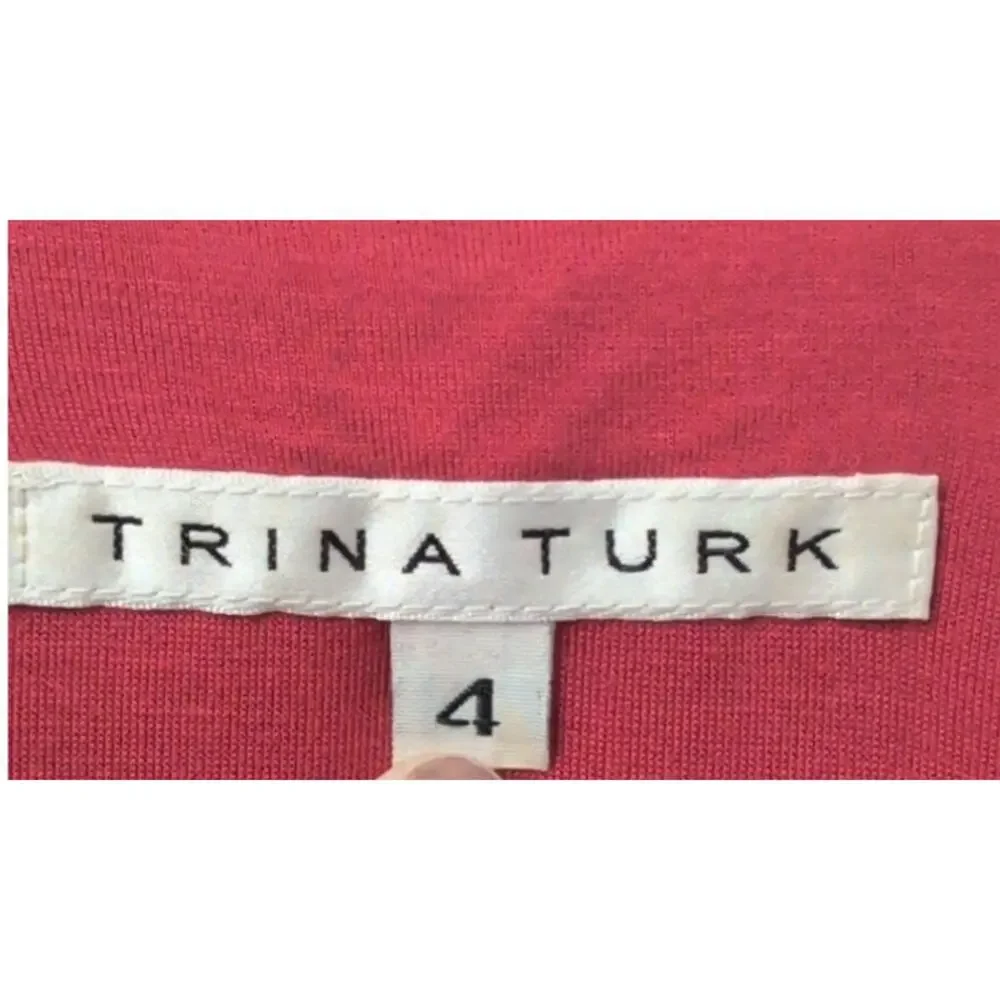 Trina Turk Dark Red V Neck Wrap Pleated Ruched Sheath Dress 3/4 Sleeve Size 4 - Picture 3 of 4